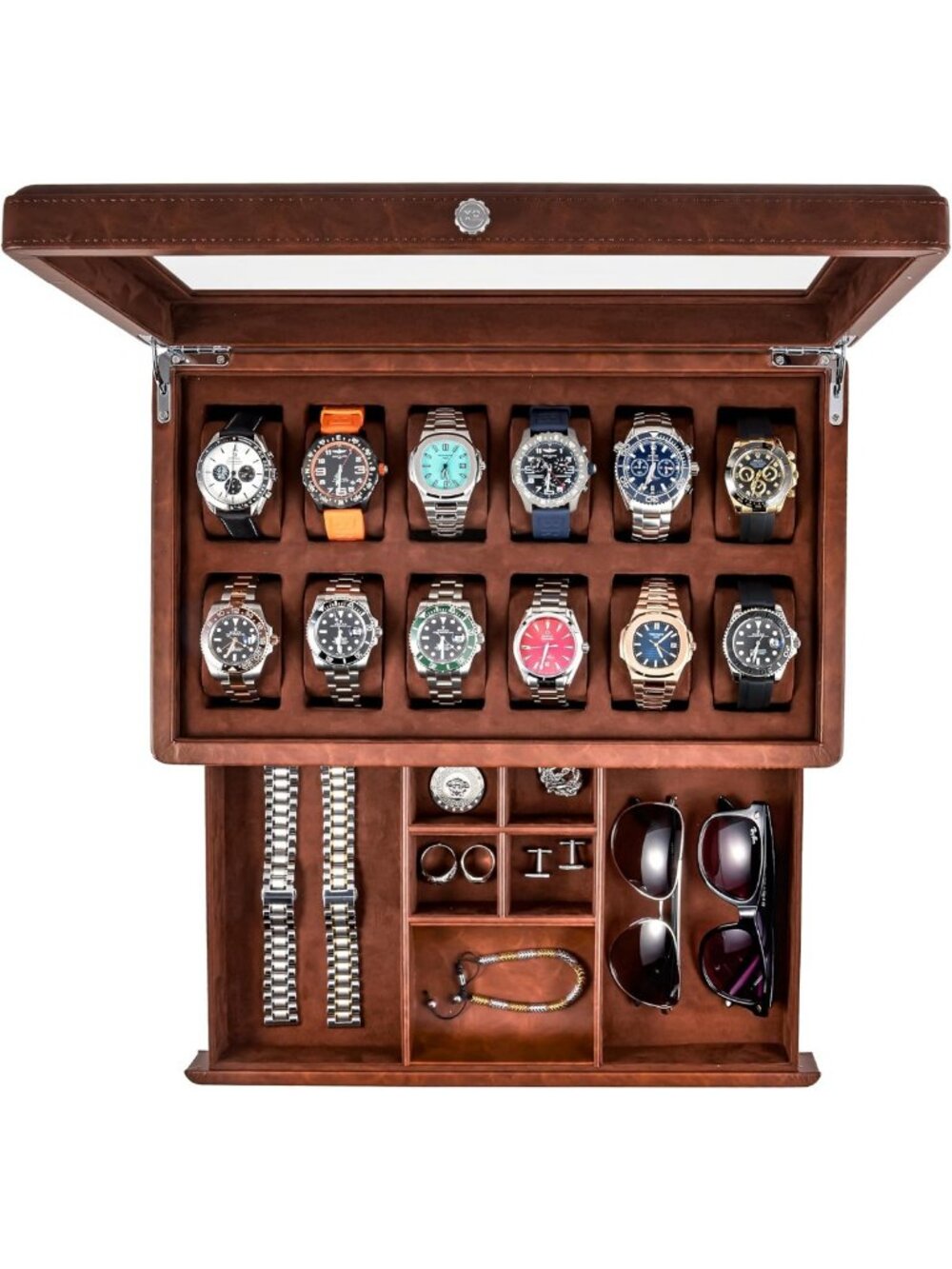 Luxury Faux Leather Watch Box Organizer with Real Glass Top - 12 Slot Display